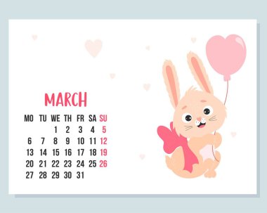 Mart 2023 takvimi. Yay ve balonlu şirin tavşan. Çin burçlarına göre tavşan 2023 'ün sembolüdür. Vektör çizimi. Yatay Şablon. Haftaya Pazartesi İngilizce.