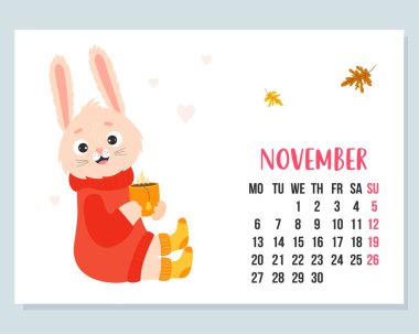 Kasım 2023 takvimi. Süveter içinde sevimli bir tavşan ve bir fincan sıcak çay ve sonbahar yapraklarıyla örülmüş çoraplar. Vektör çizimi. yatay şablon. Pazartesi 'den sonraki hafta. İngilizce konuş. 2023 yıllık tavşan.