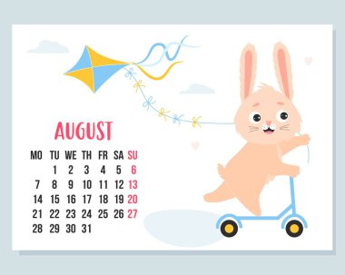 Ağustos 2023 takvimi. Beyaz arka planda uçurtmalı şirin tavşan motorları var. Vektör çizimi. Yatay Şablon. Haftaya Pazartesi, İngilizce. Tavşan 2023 Çin burcunun sembolüdür.