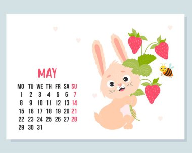 Mayıs 2023 takvimi. Çilek buketi ve komik arı desenli şirin bir tavşan. Vektör çizimi. yatay şablon. Haftaya Pazartesi İngilizce dersinde. 2023 yıllık tavşandan Çin burcuna