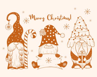 Noel İskandinav cüceleri. Noel ağacı, çelenk, top, karamel çubuğu ve tabelası olan yeni yıl cücesi. Vektör. Noel ve Yeni Yıl tasarımı, dekor, kartlar için izole el çizimleri
