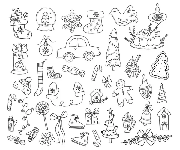 圣诞节病媒涂鸦 采购产品新年装饰 圣诞袜子 圣诞树 焦糖棒 派和冰鞋 孤立的线性手绘 — 图库矢量图片