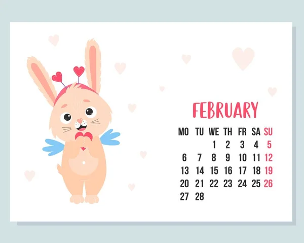 Février 2023 Calendrier Cupidon Lapin Mignon Avec Cœur Lapin Est — Image vectorielle