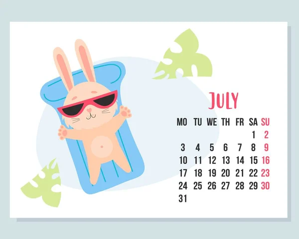 July 2023 Calendar Cute Bunny Vacation Sunglasses Floats Rubber Waterproof — Stock Vector