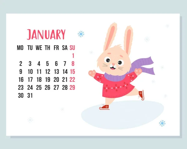 January 2023 Calendar Cute Winter Bunny Knitted Clothes Skating Rabbit — Stock Vector
