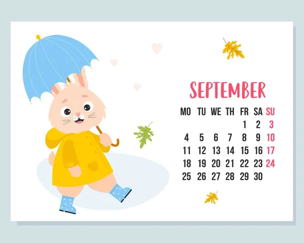2023年9月日历 可爱的兔子在伞下 穿着雨衣和橡胶靴 秋天落叶 矢量图解 水平模板 从星期一开始的一周英文 — 图库矢量图片