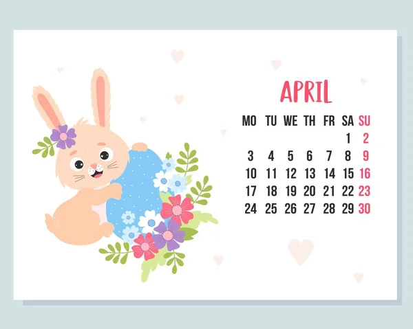 2023年4月日历 带着复活节彩蛋和花朵的可爱的复活节兔子 矢量图解 水平模板 从星期一开始的一周英语 兔子是中国黄道带2023年的象征 — 图库矢量图片