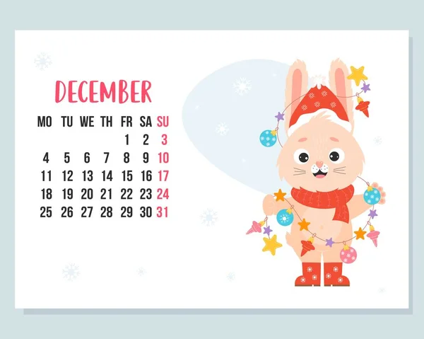 December 2023 Calendar Cute Bunny Santa Hat Garland Christmas Balls — Stock Vector