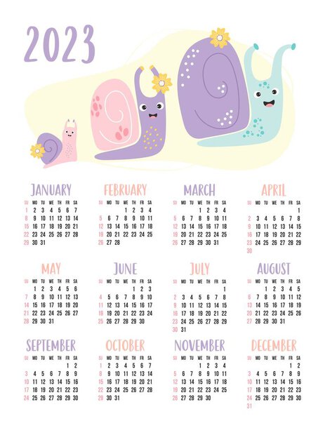 Calendar for 2023 with happy family of cute snails. Vector illustration. Vertical Template for 12 months in English. The week starts on Sunday. Stationery, printing, organizer, decor