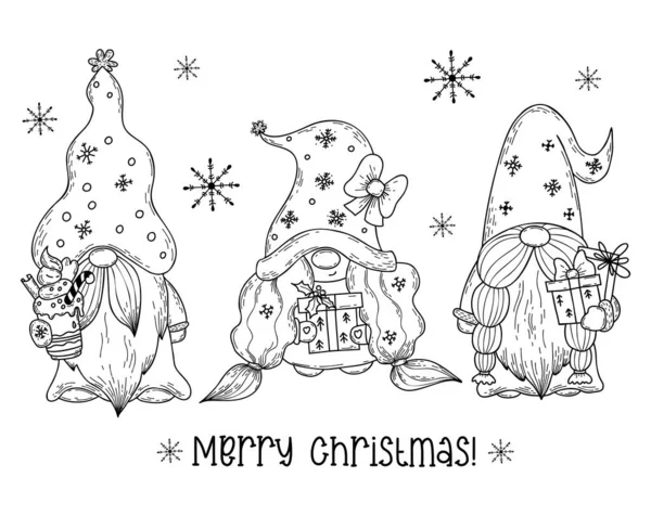 圣诞节斯堪的纳维亚侏儒 可爱的新年小虫子和侏儒女孩与礼物和奶油甜点 矢量图解 装饰手绘涂鸦 明信片 设计的孤立字符 — 图库矢量图片