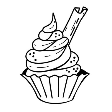 - Pasta. Tarçın çubuklu krema sepeti. Karalama tarzında vektör el çizimi. Tatil dekorasyonu, tasarım, dekorasyon ve baskı için