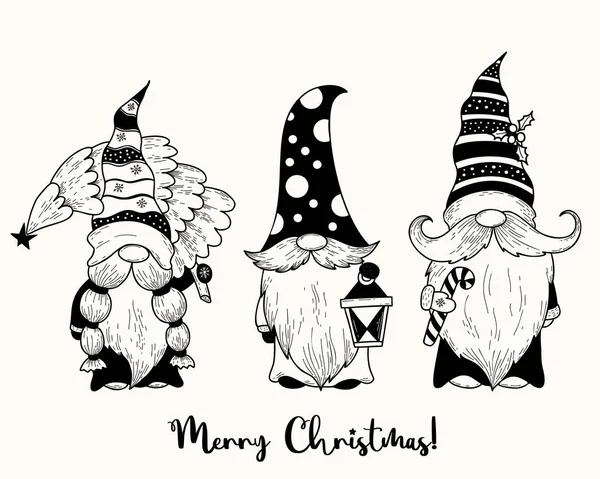 Şirin noel İskandinav cüceleri. Yılbaşı ağacı, fener ve karamel çubuğu olan yeni yıl cücesi Noel Baba. Vektör çizimi. El çizimi sükuneti. Tasarım, dekor ve tebrik kartı için ayrı karakterler