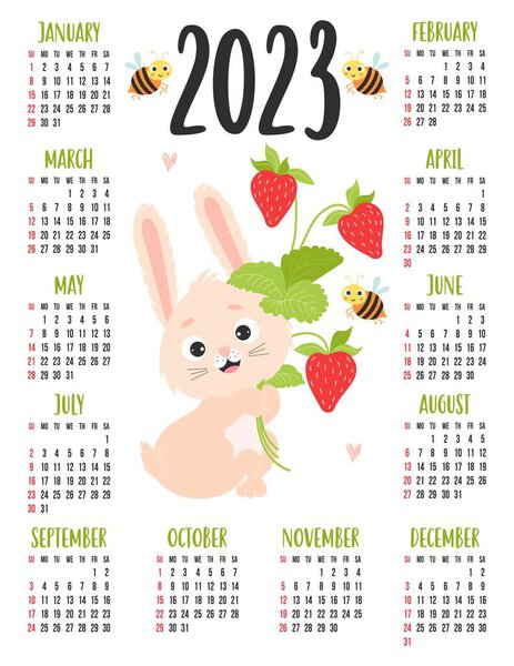 Calendar 2023 with cute rabbit with bouquet of strawberries and funny bees. Bunny is symbol of year to eastern horoscope. Vector illustration. Vertical template for 12 months. English. Week on Sunday