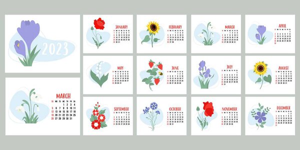 Floral calendar 2023. Flowers snowdrops, lily of the valley, poppy, sunflower, irises, crocuses and mallows. Horizontal template 12 pages and cover in English. Vector illustration. Week from Sunday