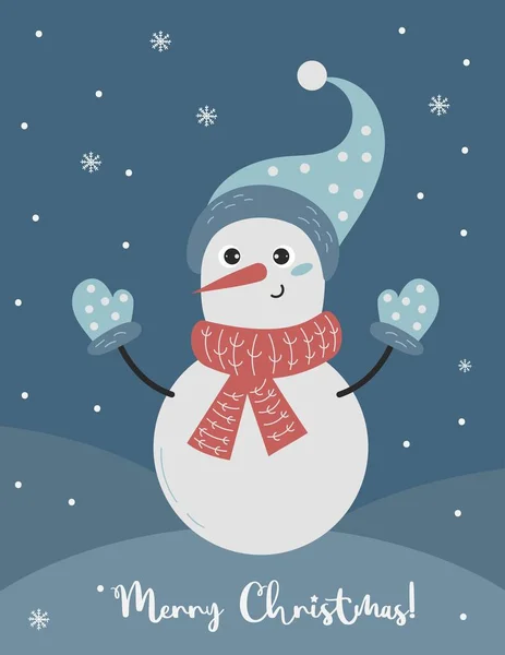 Christmas Poster Cute Cartoon Character Snowman Knitted Clothes Snowy Background — Stock Vector