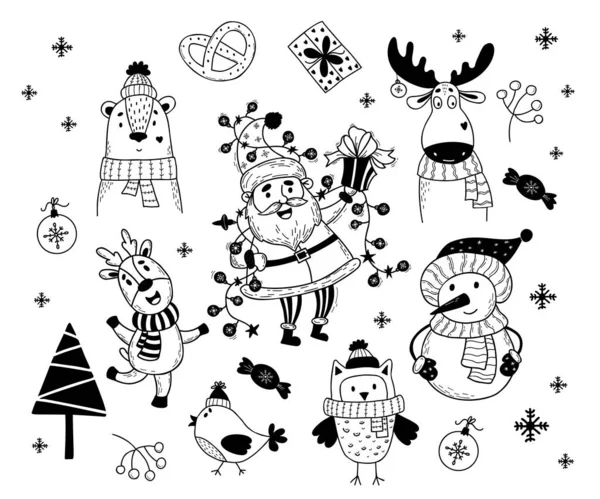 可爱的圣诞节 设置卡通人物老人圣诞老人与花环和礼物 雪人和猫头鹰编织围巾和帽子 熊和鹿 鸟和圣诞球 矢量手绘 — 图库矢量图片