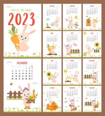 Yıllık takvim 2023, sevimli tavşan çiftçisi bahçıvanla. Yazdırılabilir planlayıcı, 12 dikey A4 aylık sayfa şablonları ve kapağı. Vektör çizimi. Pazartesi İngilizce dersinde bir hafta. Maskot yılı tavşanı
