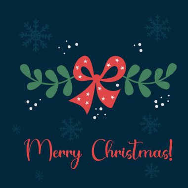 Mutlu Noeller tebrik kartı. Vektör çizimi. Kış temalı kartpostal şablonu. mavi arkaplanda dalları ve kar taneleri olan kırmızı pruva