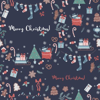 Vektör Noel kusursuz desen. Yeni yıl dekoru, zencefilli ekmek, ağaç, kızak, hediyeler, çoraplar, mavi arka planda tatil dekorasyonu. Dekor, tasarım, paketleme ve yazdırma için kış deseni