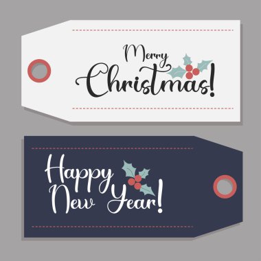 Noel şablonu ve hediye etiketi. Kart etiketleri Mutlu Yıllar ve dekorlu Mutlu Noeller. Vektör illüstrasyonu, tasarım şablonları. yatay tebrik kartı Xmas ve Yeni Yıl Kutlama Hazırlığı