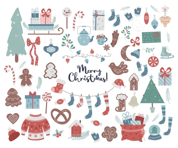 Büyük Noel seti. Yeni yıl dekoru, geleneksel semboller ve zencefilli ekmek, hediyeli kızak ve Noel ağacı süslemeleri, örgü çorap ve patenler, çelenk ve simit. Vektör renkli elementler