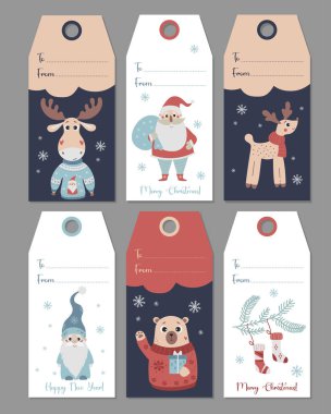 Noel hediye etiketleri. Noel Baba, cüce ve ayı, geyik, Noel süveteri giymiş geyik karakterli kart etiketleri. Vektör dikey tasarım şablonları. Xmas ve Yeni Yıl Kutlama Hazırlığı