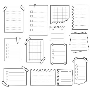 Defterlerin vektör karalama kağıtlarını ayarla. Çizgili elle çizilmiş kağıt, boş, defterler hatırlatıcılar, hafıza. Tasarım, okul notları veya bilgi için çeşitli sayfaları, notları, hatırlatıcı sayfaları izole ettim