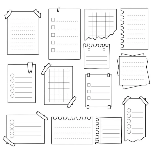 Establecer Hojas Garabatos Vectoriales Cuadernos Papel Dibujado Mano Con Rayas — Vector de stock