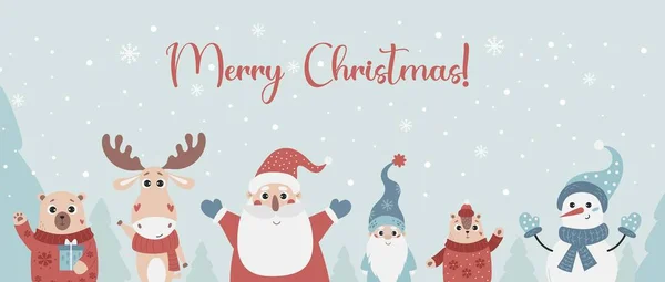 Poster Natalizio Con Simpatici Personaggi Dei Cartoni Animati Babbo Natale — Vettoriale Stock