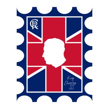 Üzerinde Kral III. Charles 'ın silueti olan posta pulu Birleşik Krallık bayrağının arka planında. İngiliz kral kelebeği yan görüş profili silueti Prince of Wales. Tasarım ve dekorasyon için vektör logosu