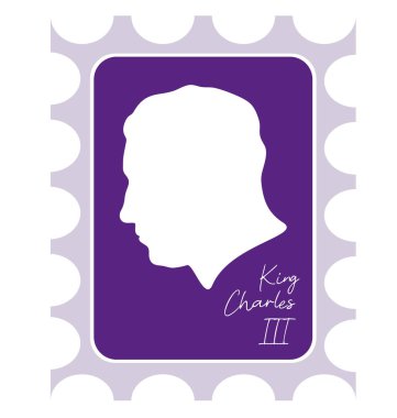 İngiliz hükümdarı. Üzerinde Kral III. Charles 'ın silueti olan posta pulu. Galler Prensi 'nin baş tarafı profilli silueti. Vektör illüstrasyonu