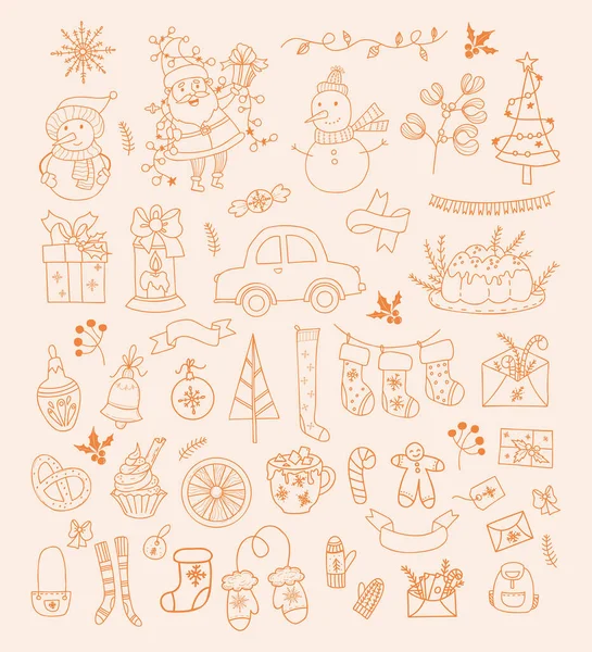 Collezione Natale Lineare Doodle Babbo Natale Carino Regalo Pupazzo Neve — Vettoriale Stock