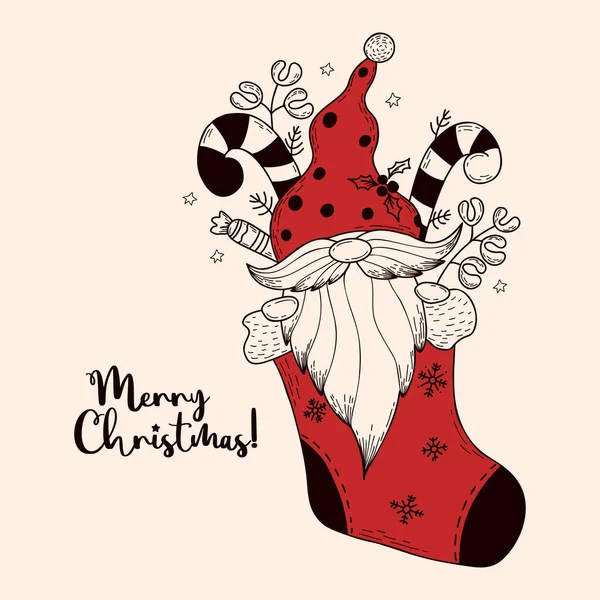 Buon Poster Natale Scandinavo Simpatico Gnomo Capodanno Calza Natale Con — Vettoriale Stock