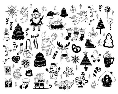 Büyük Noel karalamaları. Noel Baba, Kardan Adam, Noel pastası ve ağaç, hediyeli kızak ve zencefilli ekmek, çorap ve tek boynuzlu at, yeni yıl dekoru, patenler, geyik ve çelenk. İzole vektör el çizimleri.