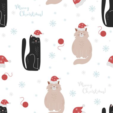 Kusursuz bir Noel deseni. Noel Baba şapkalı sevimli hayvanlar beyaz arka planda iplik yumağı ve kar taneleri var. Dekor, tasarım ve çocuk koleksiyonu için vektör Noel süsü