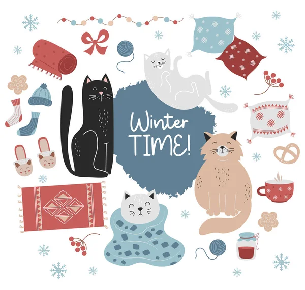 Сбор Уютное Зимнее Время Милые Кошки Такое Векторные Изолированные Цветные — стоковый вектор