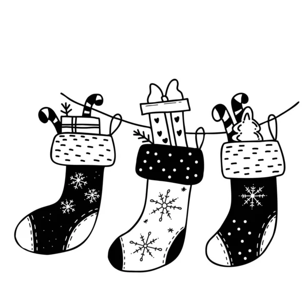有礼物的圣诞袜矢量手绘的涂鸦风格 假日装饰 装饰和印刷 — 图库矢量图片