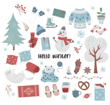 Merhaba kış. Mevsimlik konforlu eşyalar, yiyecekler, sevimli kediler, ağaçlar, giysiler ve dekorlardan oluşan büyük bir koleksiyon. Vektör çizimi. tasarım ve dekor için düz biçimli izole edilmiş renkli elementler