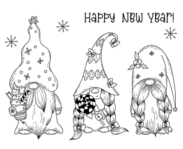 Yeni yıl İskandinav cüceleri. Tatlı ile sevimli cüce karakter ve lolipoplu cüce kız. Vektör çizimi. El çizimi, Doodle. İzole edilmiş Noel karakterleri