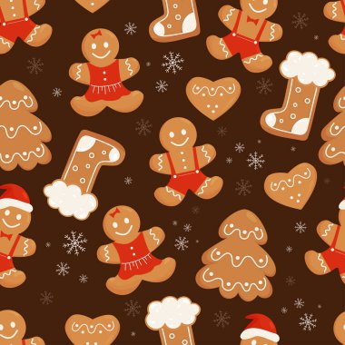 Tatlı Noel kurabiyeleriyle kusursuz desen. Zencefilli adam, çizme, Noel ağacı, kalp ve zencefilli kurabiye kız kurabiyeleri ve kar taneleri. Vektör illüstrasyonu