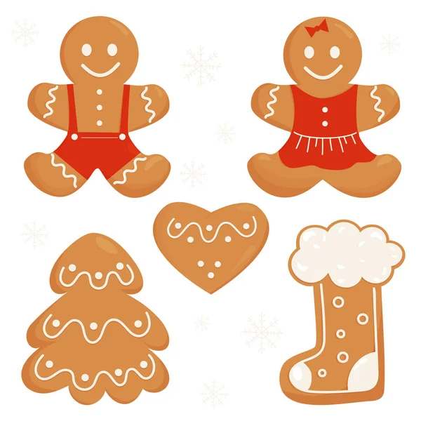 收集圣诞姜饼 可爱的姜饼男人和女孩 心脏和圣诞靴 新年设计和装修中孤立的矢量元素 — 图库矢量图片