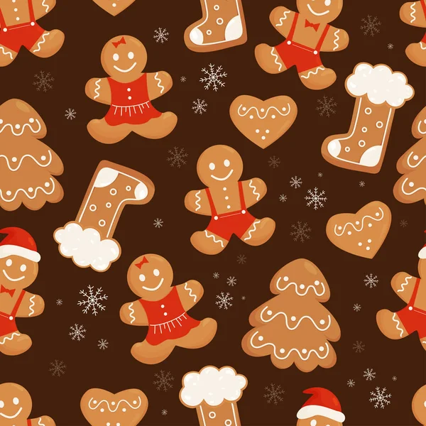 Seamless Pattern Cute Christmas Gingerbread Cookies Gingerbread Man Boot Christmas — Stock Vector