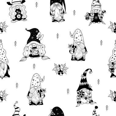 Kusursuz bir Noel deseni. Yeni yıl karakterleri, hediyeli İskandinav cüceleri ve beyaz arka planda karamel ve noel balosu olan bahçe cücesi kızları. Vektör Doğrusal Deseni, el karalama biçimi