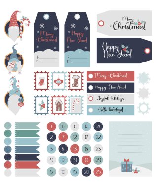 Noel şablonu ve sevimli İskandinav cüceleriyle hazırlanmış bir hediye etiketi. Posta pulları, Noel Baba 'ya mektup, tebrik kartı, farklı şekiller ve takvim numaraları. Vektör illüstrasyonu