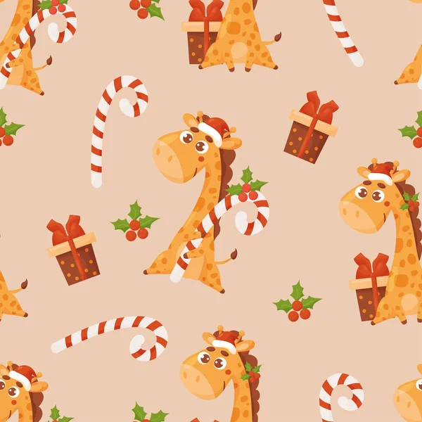 Christmas seamless pattern with cute giraffe in Santas hat with caramel candy on beige background with gifts and holly. New Years Vector ornament for decor, design, print, wallpaper, kids collection