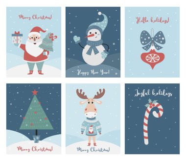 Noel Baba, Noel ağacı, kardan adam ve kazak giymiş şirin geyik karakterli mutlu noel tebrik kartları. Vektör dikey tasarım şablonları. Xmas ve Yeni Yıl Kutlama Hazırlığı