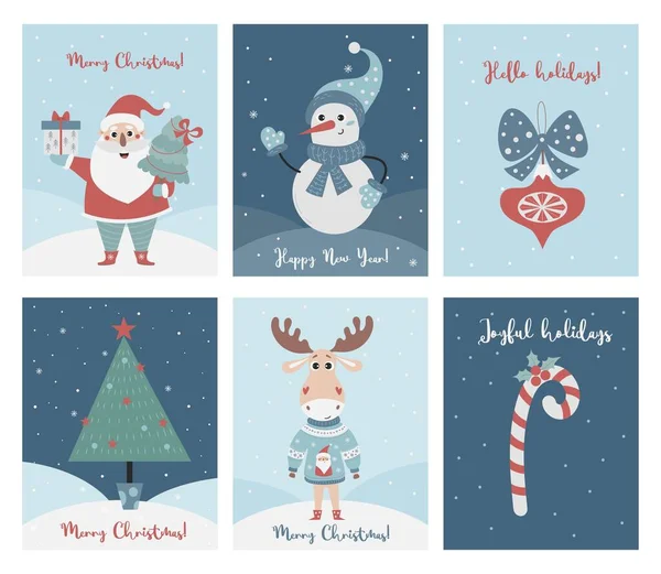 Noel Baba, Noel ağacı, kardan adam ve kazak giymiş şirin geyik karakterli mutlu noel tebrik kartları. Vektör dikey tasarım şablonları. Xmas ve Yeni Yıl Kutlama Hazırlığı