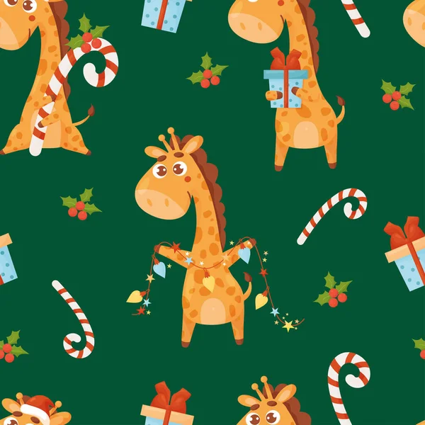 Boże Narodzenie Bezszwowy Wzór Cute Żyrafa Prezentem Girlanda Karmelowe Cukierki — Wektor stockowy