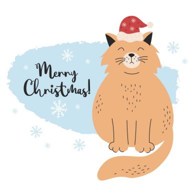 Noel Baba şapkalı koca üzgün kedi. Mutlu Noeller tebrik kartı. Yeni yıl tasarımı ve dekorasyonu için sevimli evcil hayvanı olan vektör illüstrasyonu