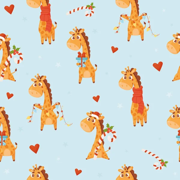 Christmas seamless pattern with cute giraffe with gift, garland, caramel candy on light blue background. Vector illustration. New Years ornament for decor, design, print, wallpaper, kids collection